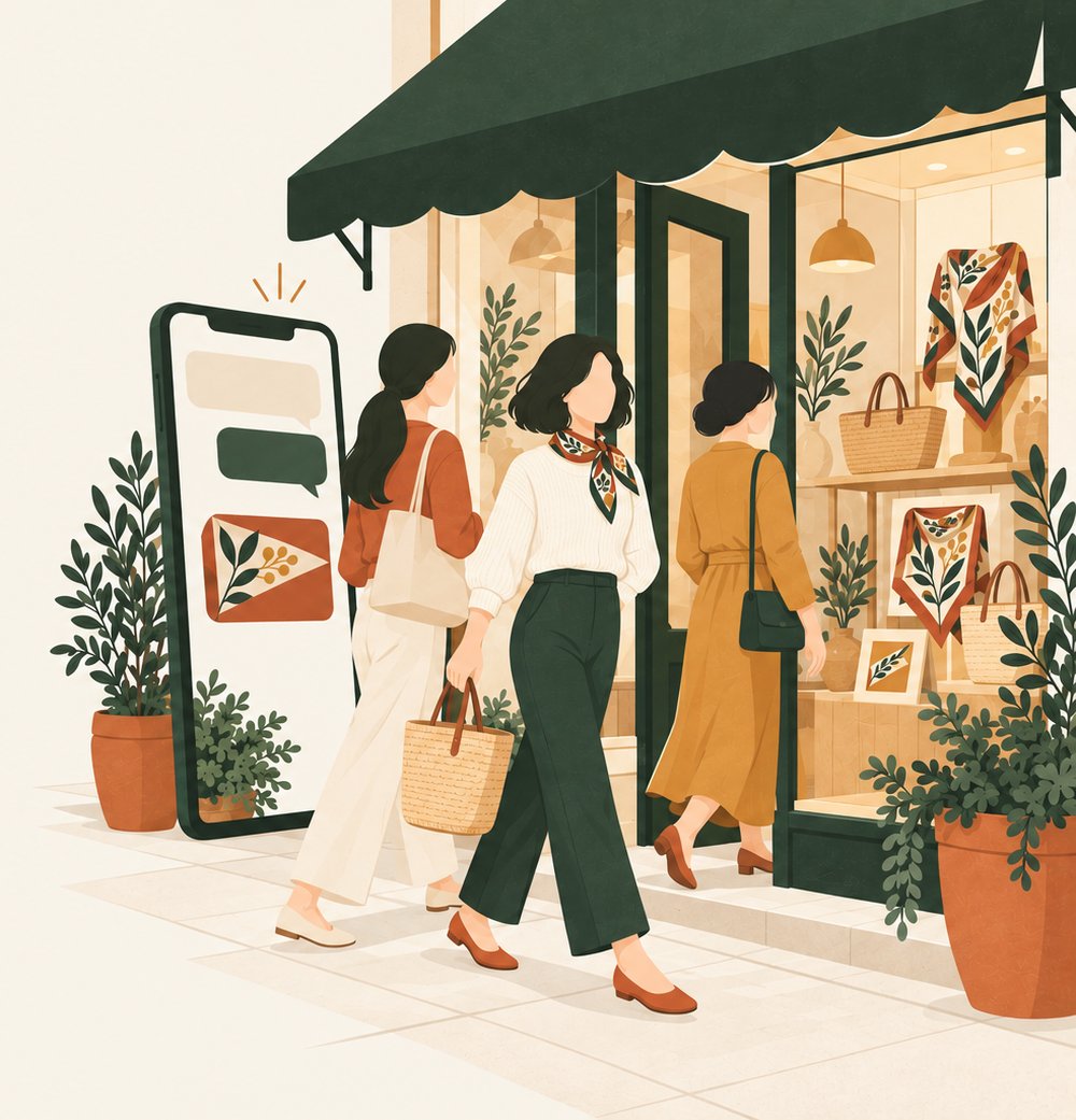 選物店與客人示意插畫